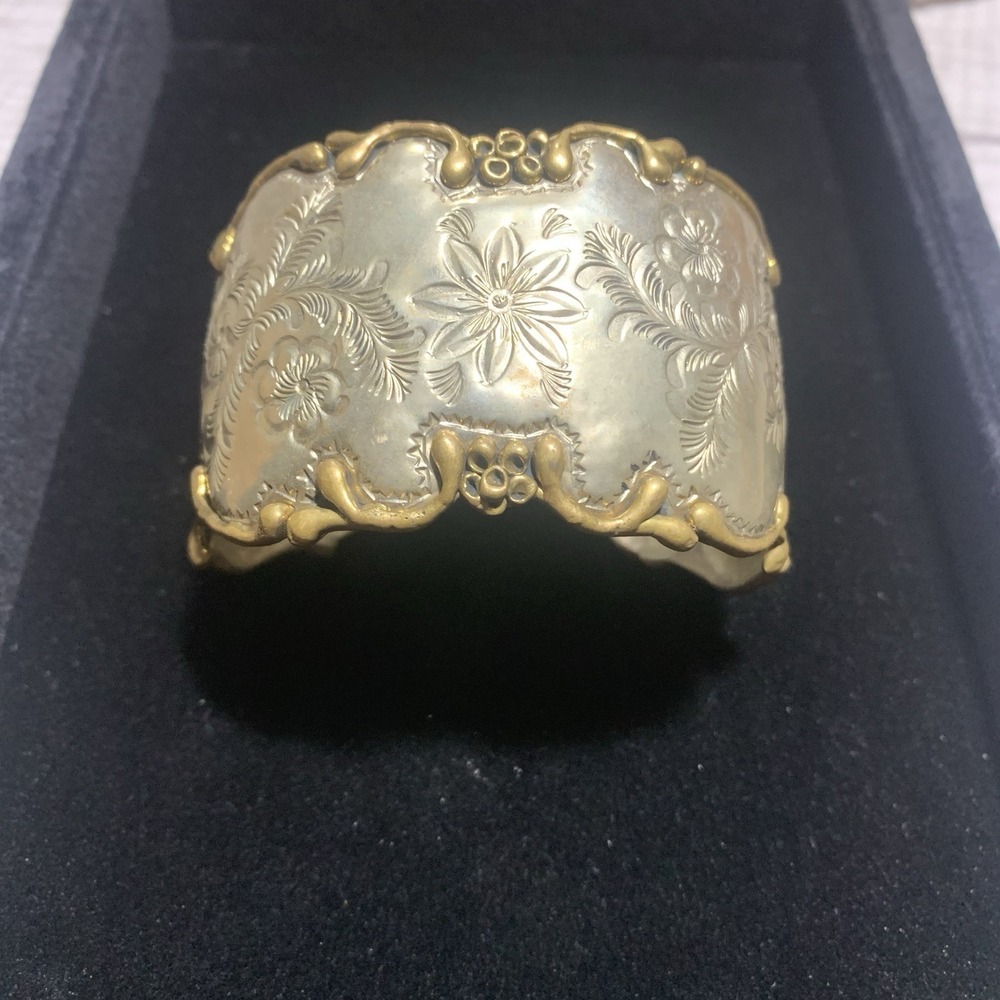 Vintage Brass Cuff Carved Flower Bracelet 7"